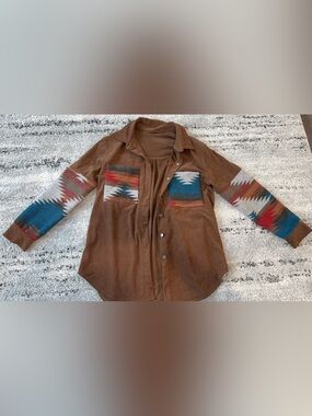 Western Brown Corduroy Button-Up with Aztec Accent Pockets